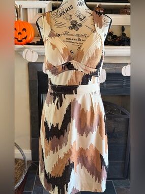 Tracy Reese Anthropologie Ikat Midi Dress Fall Brown Cream Chevron Boho Size 8